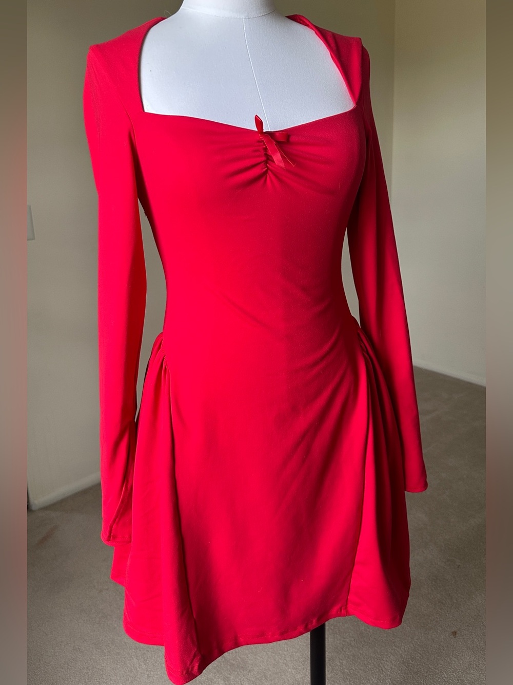 Red Square-Neck Long Sleeve Dress